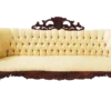 Citrine Sofa in pale yellow damask with ornate dark carved wood frame, full front view
