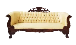 Citrine Sofa in pale yellow damask with ornate dark carved wood frame, full front view