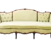 Cordelia Sofa - pale pear-green velvet French vintage sofa with tufted back and carved dark wood trim for rent in Indianapolis