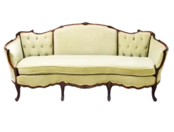 Cordelia Sofa - pale pear-green velvet French vintage sofa with tufted back and carved dark wood trim for rent in Indianapolis