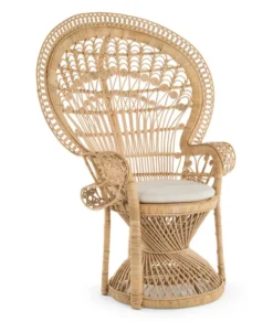 Two natural rattan peacock chairs with wide fan-shaped backs placed side by side