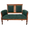 Gables Settee - antique hunter green velvet Victorian parlour settee with carved wood frame and caster wheels for rent in Indianapolis