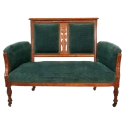 Gables Settee - antique hunter green velvet Victorian parlour settee with carved wood frame and caster wheels for rent in Indianapolis