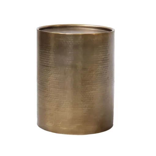 Ganzi gold hammered metal drum side table rental from Violet Vintage Rentals
