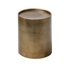 Ganzi Side Table — gold hammered metal drum side table, side angle view