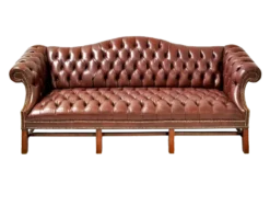 Johanssen Sofa - vintage brown leather camelback tufted sofa with nailhead trim for rent in Indianapolis