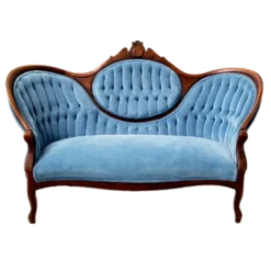Lamere Settee — ornate vintage wooden settee with tufted upholstery and carved details