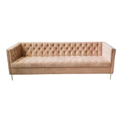 Natalia Sofa - blush pink tufted velvet sofa with gold legs for rent in Indianapolis