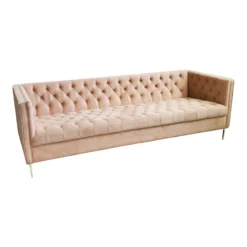 Natalia Sofa — blush pink tufted velvet sofa with gold legs, side angle view