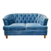 Orbi Settee — round barrel-back vintage settee with tufted upholstery and ornate wooden legs