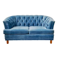 Orbi Settee — round barrel-back vintage settee with tufted upholstery and ornate wooden legs