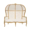 Tia Settee — gold canopy throne loveseat with white tufted upholstery, front view