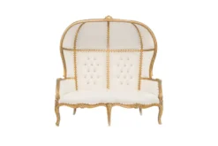 Tia Settee — gold canopy throne loveseat with white tufted upholstery, front view