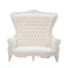 Tyra Settee - white tufted faux-leather throne loveseat with rhinestone buttons for rent in Indianapolis