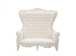 Tyra Settee - white tufted faux-leather throne loveseat with rhinestone buttons for rent in Indianapolis