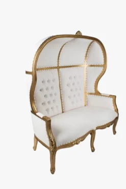Tia Settee — gold canopy throne loveseat with white tufted cushions, detail view