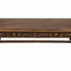 Adiago vintage wood coffee table with carved apron detail and turned legs, front three-quarter view