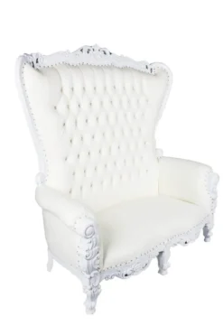 Tyra Settee — white tufted faux-leather throne loveseat with rhinestone button details, alternate angle