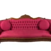 Lexie Sofa - antique burgundy damask tufted sofa with dark carved wood trim and matching pillows for rent in Indianapolis