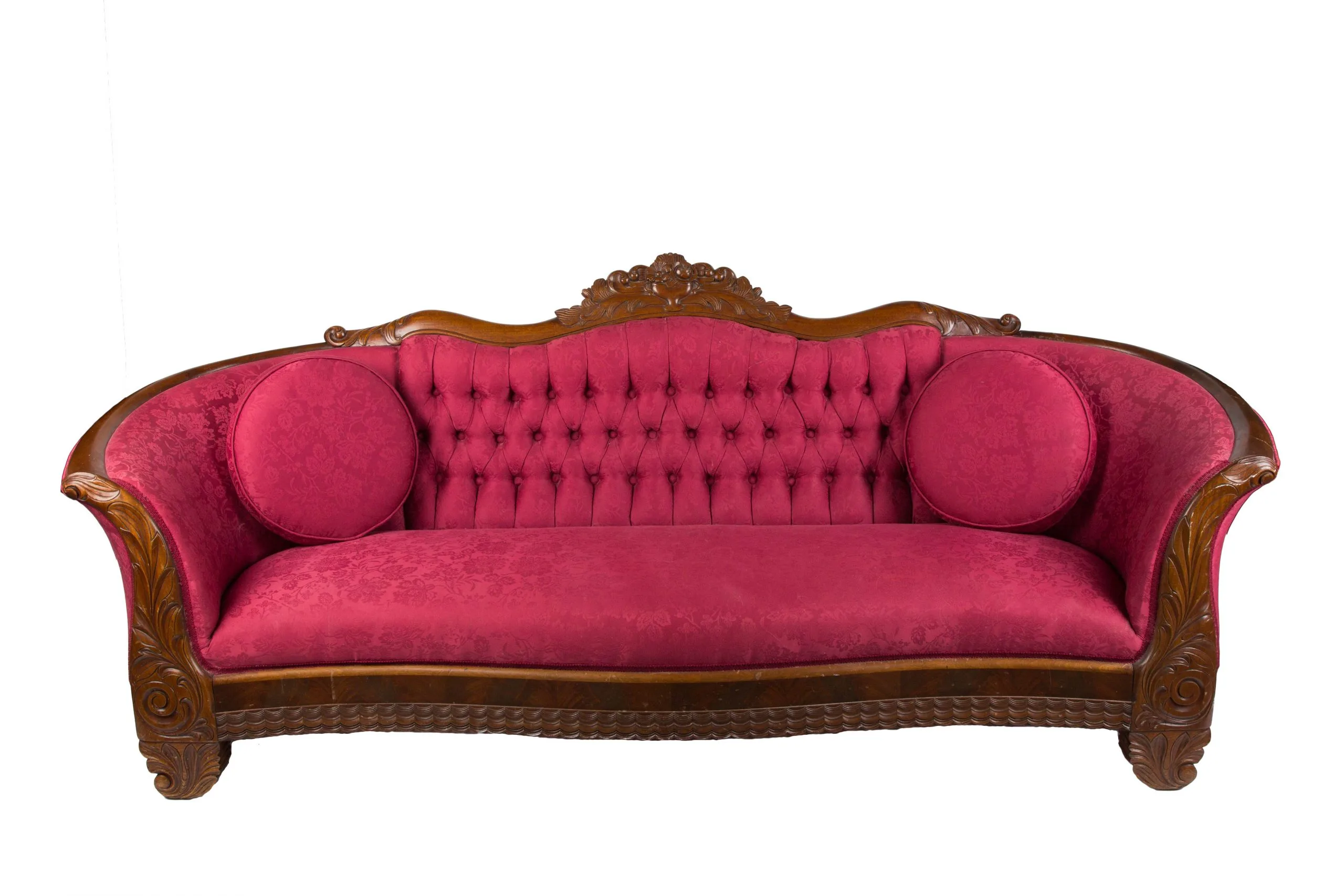VV-90-scaled-1.jpg WEBP Lexie Sofa - antique burgundy damask tufted sofa with dark carved wood trim and matching pillows for rent in Indianapolis