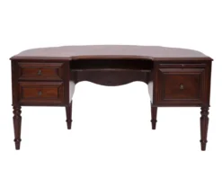 Belvedere Desk front view showing dark wood half-moon top, spindle legs, and ornate carved detail