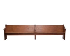 Vintage solid wood church pew rental with decorative end panels from Violet Vintage Rentals Indianapolis
