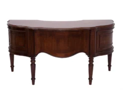 Belvedere Desk dark wood half-moon crescent shaped desk with spindle legs and ornate carved detail side view