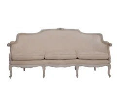 Chione Sofa — white French Provincial style sofa with carved wood frame and cabriole legs