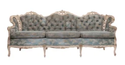 Versailles Sofa — blue French Provincial sofa with ornate carved gold frame and tufted velvet upholstery