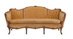 Vermeer Sofa vintage gold velvet sofa with ornate carved wooden frame front view