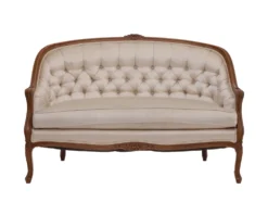 Pearl Settee — vintage pearl white settee with carved wooden frame and tufted back