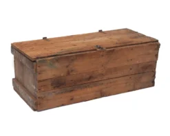 Branson Trunk rustic weathered wood chest with metal hardware, front three-quarter view