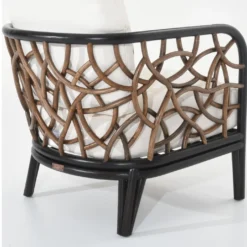 Trini Chair — vintage barrel-back accent chair with woven rattan frame, alternate side view