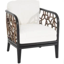Trini Chair — vintage barrel-back accent chair with woven rattan frame, side view
