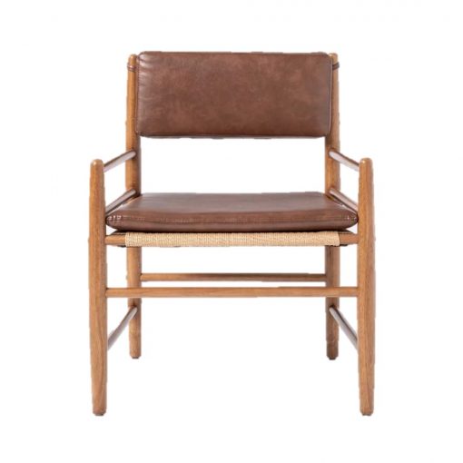 Light wood chair with wide seat and brown leather seat and back