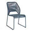 Navy blue chair - metal with plastic covering, side view.