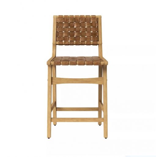 Bar stool with light wood legs and frame and leather seat and back