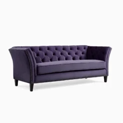 Liliac Sofa purple velvet tufted sofa with dark wooden legs front side view