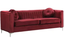 Marilyn Sofa red velvet tufted sofa with channel back and chrome legs front view
