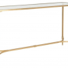 Side view of Rectangular console table with gold metal edging and tempered glass top