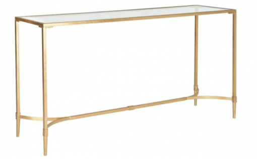 Side view of Rectangular console table with gold metal edging and tempered glass top