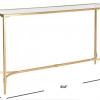 Rectangular console table with gold metal edging and tempered glass top showing dimensions