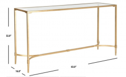 Rectangular console table with gold metal edging and tempered glass top showing dimensions
