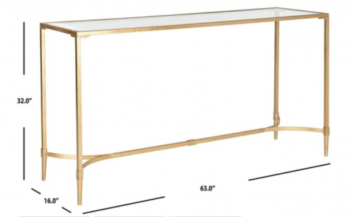 Rectangular console table with gold metal edging and tempered glass top showing dimensions