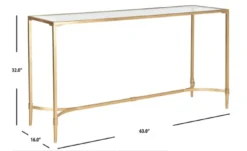 Rectangular console table with gold metal edging and tempered glass top showing dimensions