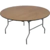 60-inch round banquet table, natural wood top with metal folding legs, shown bare
