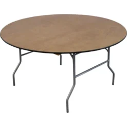 60-inch round banquet table, natural wood top with metal folding legs, shown bare