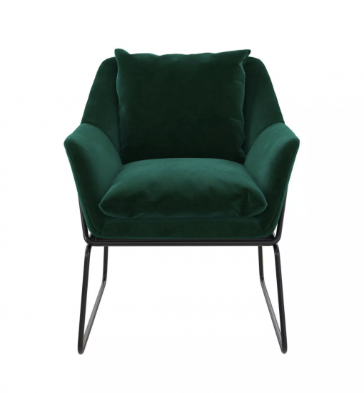 emerald green velvet cushions on a black metal frame