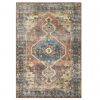 Area rug with a faded blue medallion and rust and brown surrounding hues