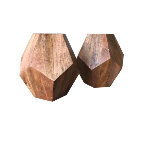 Geo Side Table WEBP Image of two wooden geometical side tables with flat tops. Brown stain.